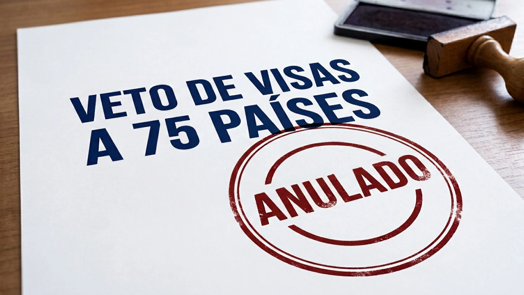 Papel sobre escritorio de madera con texto "Veto de visa a 75 países anulado" y sello de tinta roja de "Anulado" junto a un acuñador o tampón