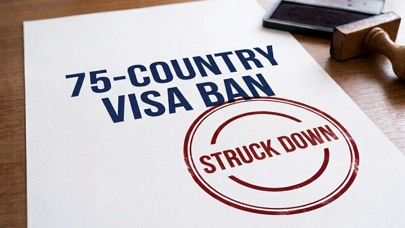 Paper on a wooden desk with the text "Visa veto to 75 countries annulled" and a red ink "Annulled" stamp, next to a stamper or ink pad