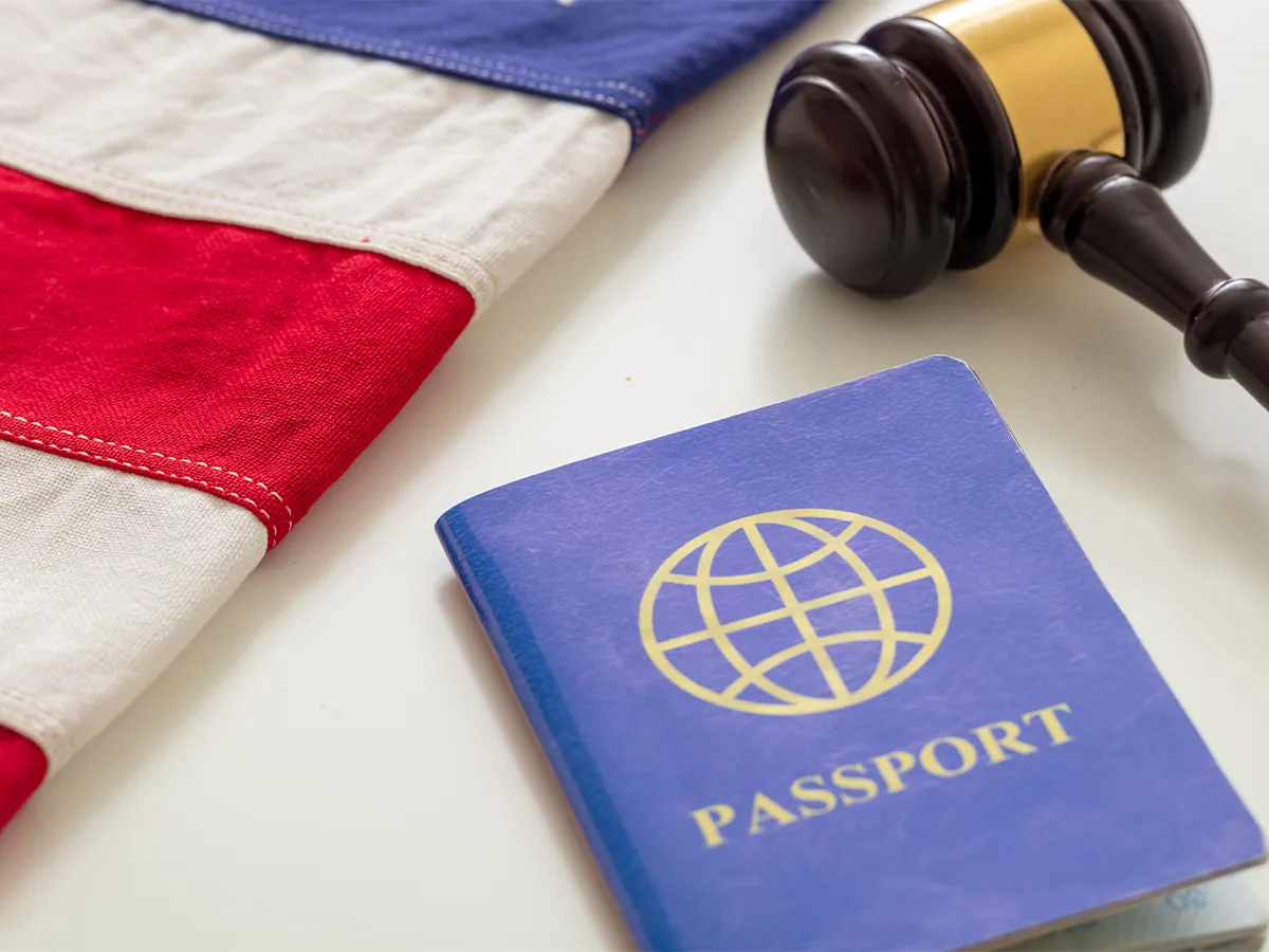 What is VAWA legal immigration protection symbol with US passport, justice gavel, and American flag